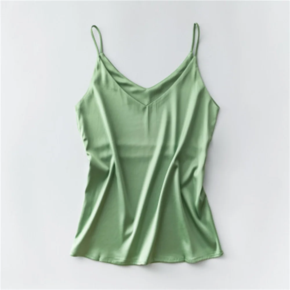Light Green Женский топ с v-образным вырезом, без рукавов, на тонких бретельках, атласный Шелковый Топ, женская летняя майка, рукав на плече - Цвет: Light Green