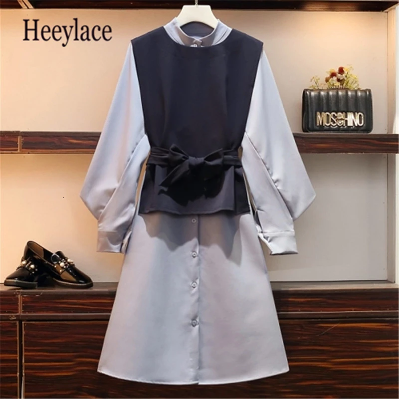 

5XL Plus Size Women Two Piece Dress Autumn 2019 Vintage Lantern Long Sleeve Shirt Dresses and Bow Waist Vest