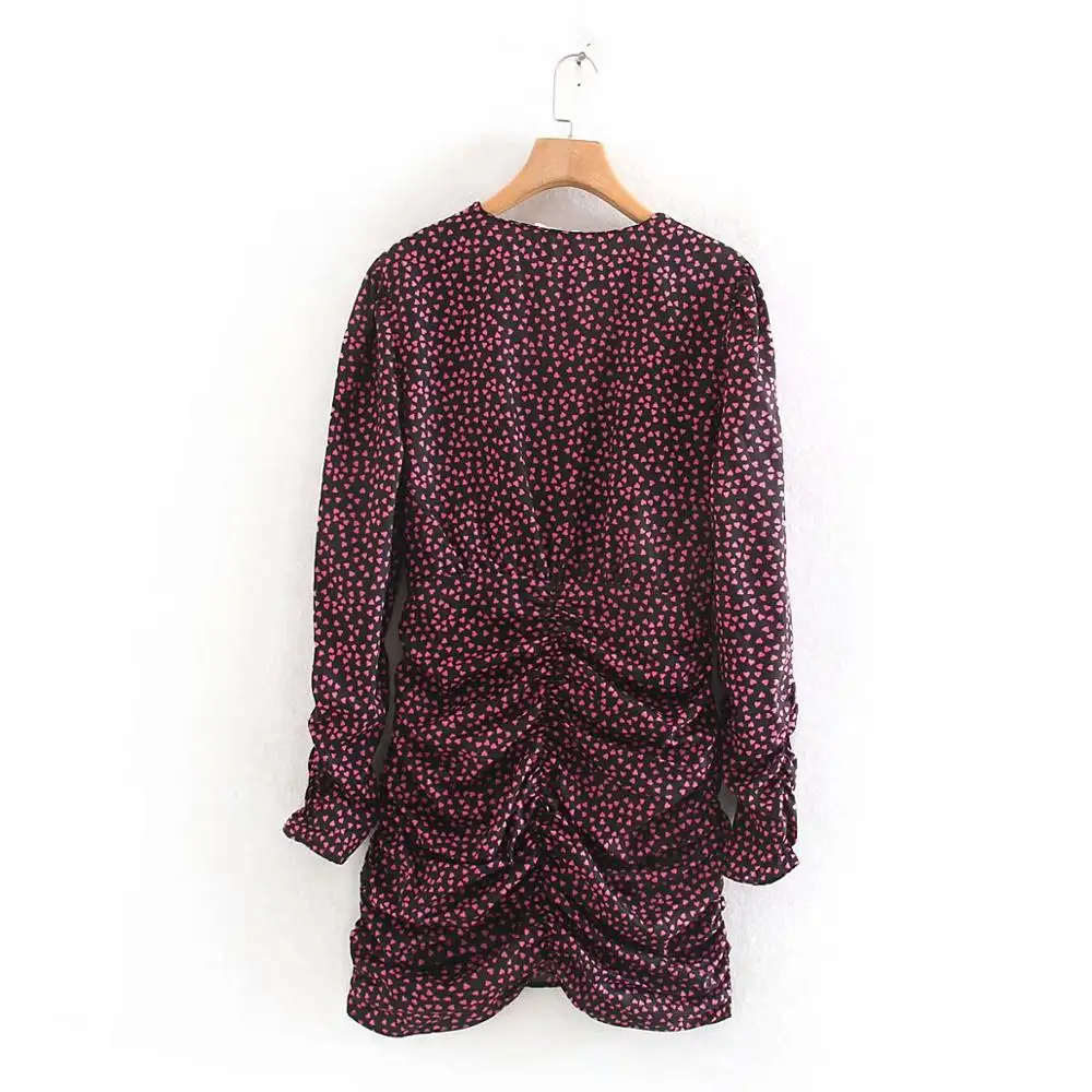 Skup Nowy 2020 kobiety elegancki v neck nadruk w serca plisowana mini sukienka kobiet bufiaste rękawy vestidos swobodny szyk slim sukienek DS3203