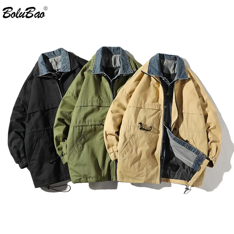 

BOLUBAO Autumn Winter Men's Jacket Fake Two High Street Style Men's Solid Color Jacket Casual Wild Denim Male Jackets