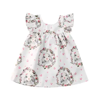 

Newborn Toddler Kid Baby Girl Party Dress Clothes Easter Rabbit Print Ruffles Sleeve Mini A-Line Dress
