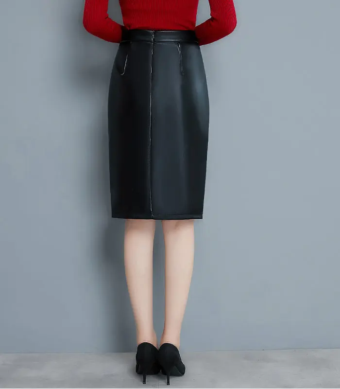 Black Leather Skirt Women Plus Size Midi PU Pencil Skirts Womens High Waist Office Leather Skirt Knee Length Female