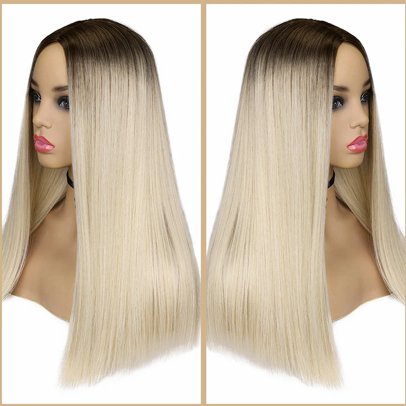 FAVE Black To Light Blonde Straight Bob Shoulder Length Synthetic Wig Middle Part Cosplay Party Heat Resistant Fiber For Women