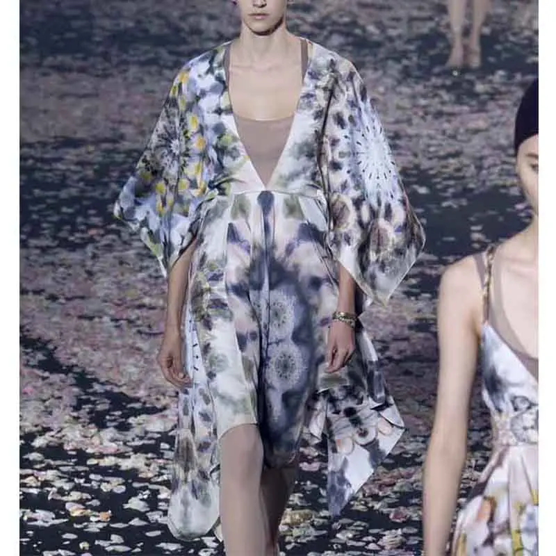 

Cosmicchic Summer Runway Irregular Dress Deep V-Neck Bat Sleeve Flower Printed Casual Loose Twill Silk Designer Midi Dress 2019