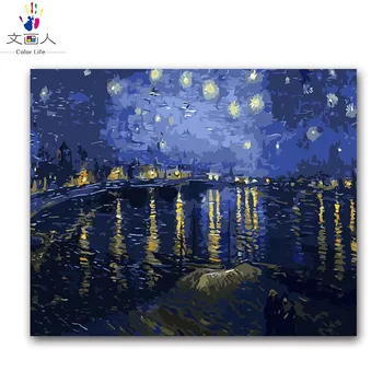 

Starry Night Over the Rhone vencent Van gogh oil painting package diy digital oil painting by the number with kits for adult kid