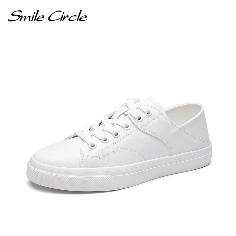 

Smile Circle Women Sneakers Flat Platform shoes Genuine Leather Fashion Lace-up Casual white shoes Ladies Autumn 2019