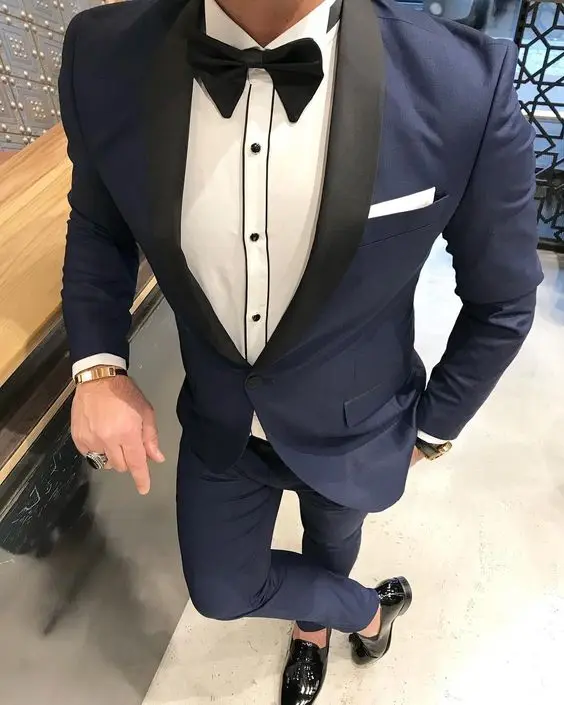 Темно-синий костюм Черная шаль лацкан Slim Fit Жених Свадебный смокинг для мужчин шафера Лучший человек Вечеринка Выпускной уличный деловой костюм