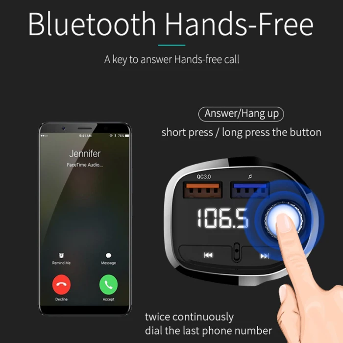 Car Charger Bluetooth MP3 Player FM Music Radio Wireless Hands-free Dual USB DQ-Drop