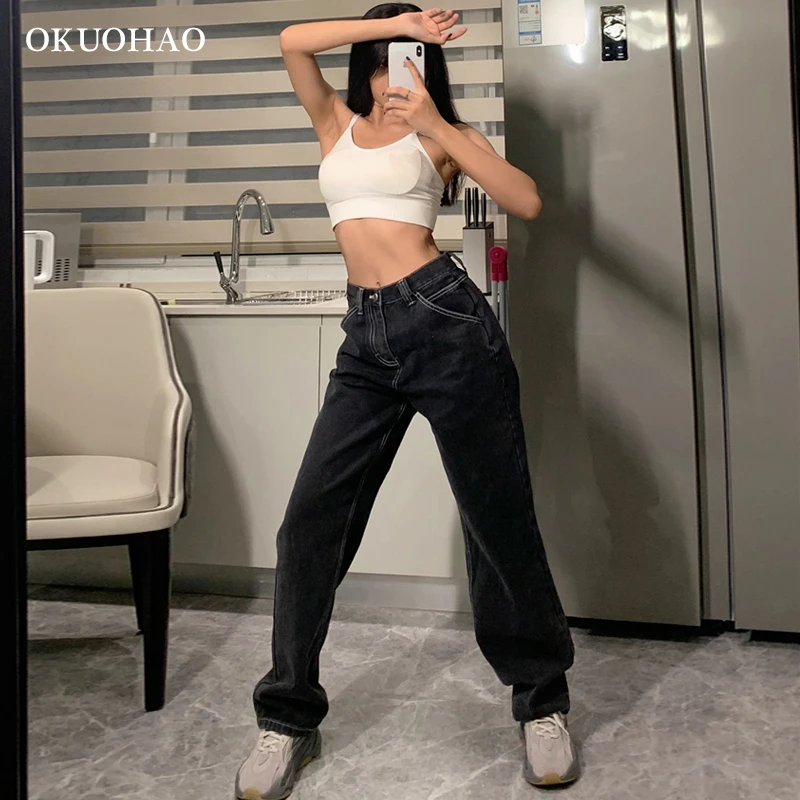 Mom Pants Boyfriend Jean Jeans Woman Women Trousers Wide-Leg Loose Black High-Waist Baggy