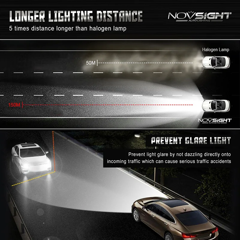 Novsight 60 Вт 10000LM 6000K светодиодный H11 H4 H7 H1 H3 9005 9006 автомобильный светильник HB2 Hi/короче спереди и длиннее сзади) HB3 HB4 светодиодный головной светильник помощи при парковке лампы Авто Lmaps