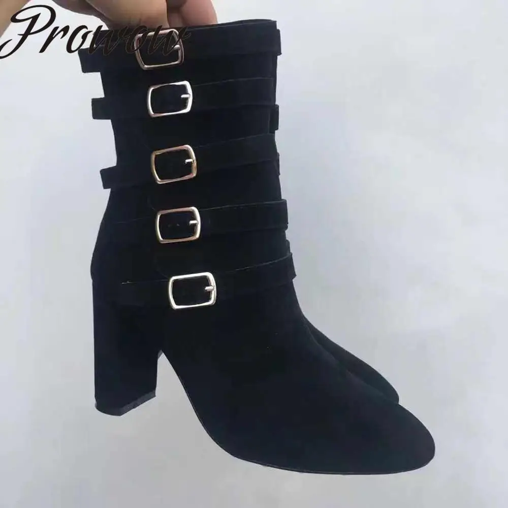

Prowow New Black Genuine Leather Buckle Strap Women Boots Sexy Pointed Toe HIgh Heel Autumn Winter Boots Shoes Women
