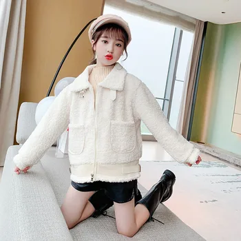 

Children Winter Jacket Teenage Girl Long Sleeve Lapel Thicken Thermal Fleece Outerwear Pink Beige Color Zipper Kids Coat Clothes