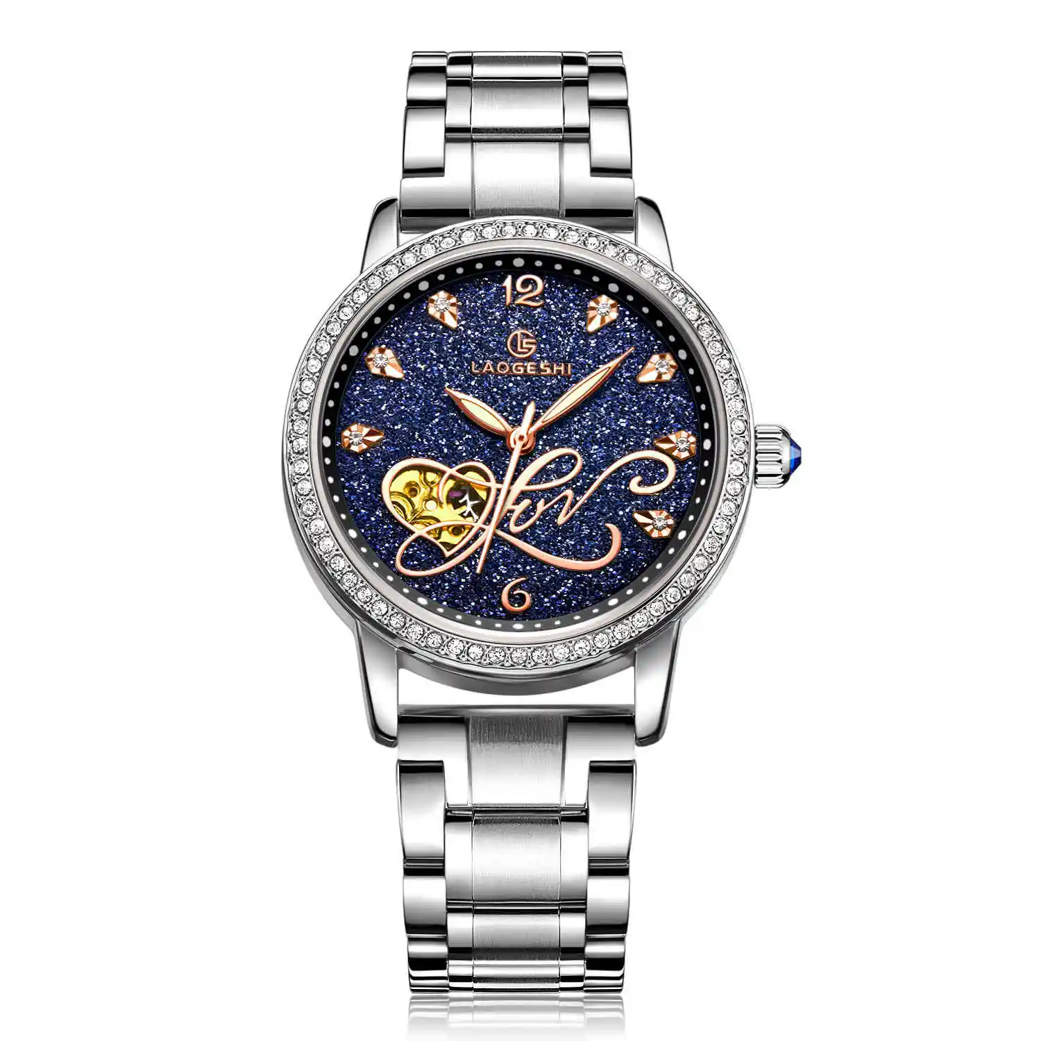 LAOGESHI часы женские модные водонепроницаемые из нержавеющей стали со стразами Роскошные красочные женские наручные часы автоматические механические Relogio - Цвет: silver black