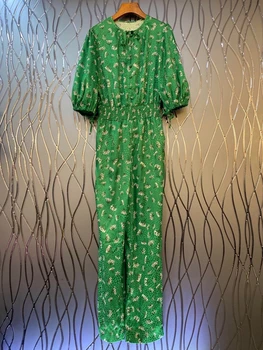 

2020 Spring and Summer New Women's round Neck Printed Pattern Decorative Waist Hugging Jumpsuit Casual 620