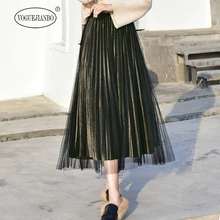 Новинка, Золотая Бархатная сетчатая юбка, свежая и Милая блестящая плиссированная юбка, взрывная короткая юбка средней длины, сексуальные юбки, vestidos elegantes