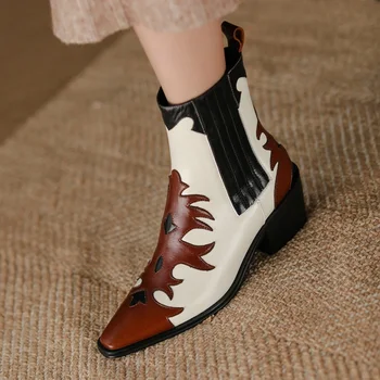 

Concise Casual Ankle Boots For Women 2021 Autumn Winter Square Heels Shoes Woman Newest Genuine Cow Leather Casual Short Boots