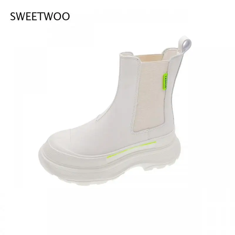 2021 Winter Ankle Boots For Women Platform Boots Chunky Black Leather Brand Fashion White Black Round Toe Boots Shoes Woman
