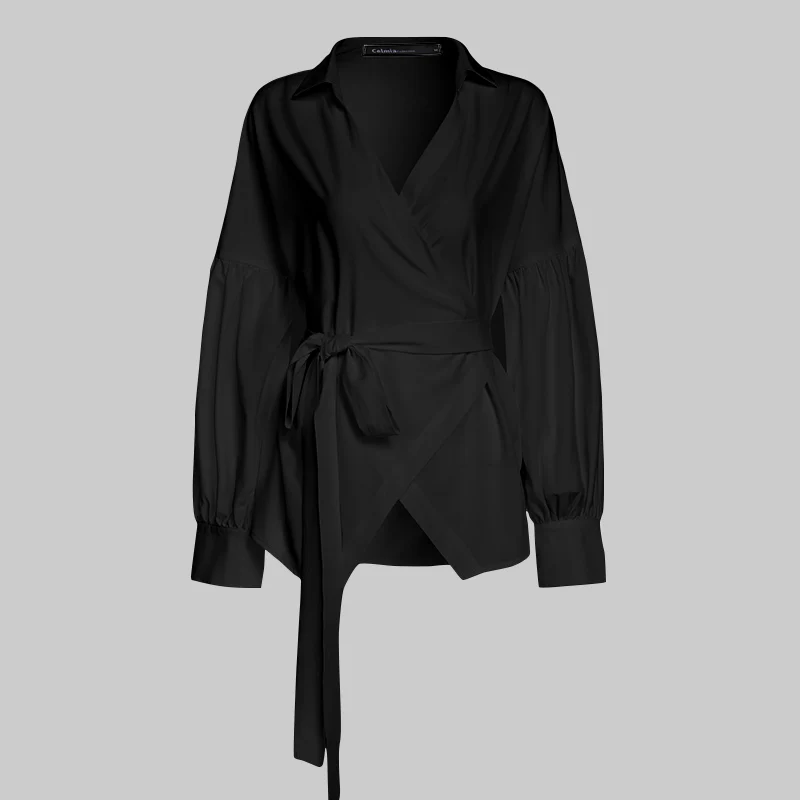 Элегантная женская блузка с рукавом-фонариком, Осенние Топы размера плюс с баской, сексуальные повседневные женские рубашки с v-образным вырезом и поясом - Цвет: Черный