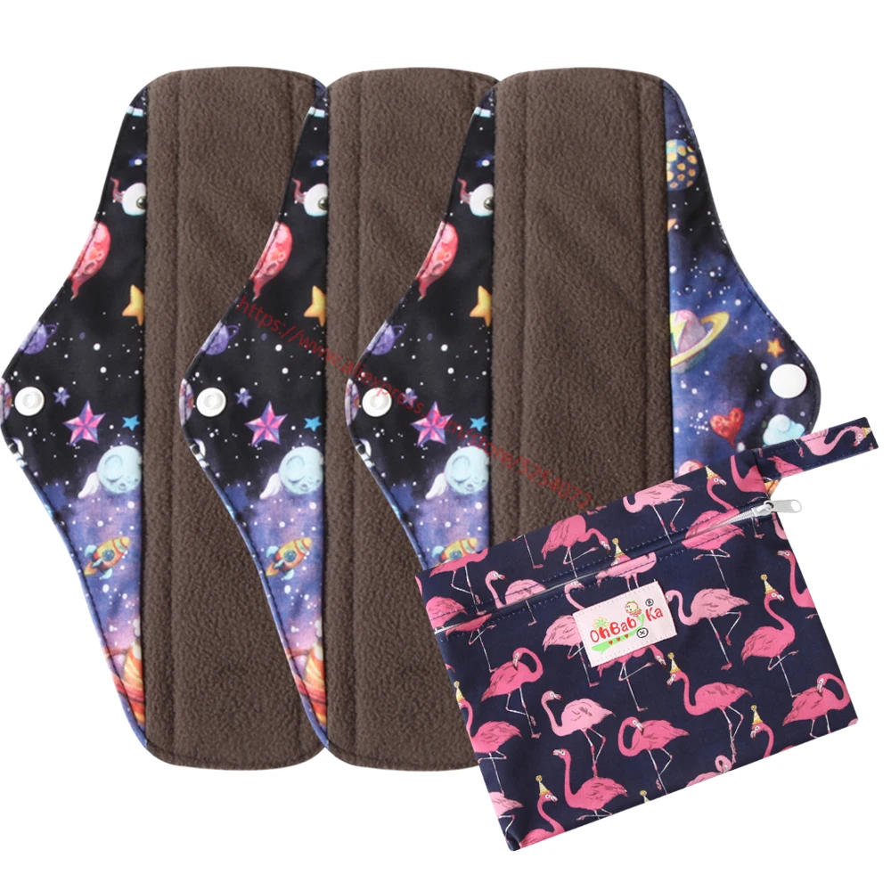 Ohbabyka набор из 3 предметов, женские менструальные прокладки, многоразовые моющиеся прокладки для трусиков, угольный бамбуковый слой, гигиенические прокладки с 1 тканевой влажной сумкой - Color: 4