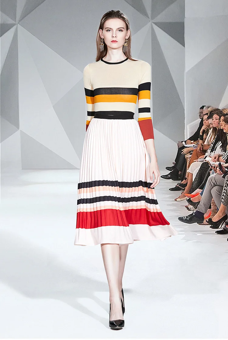 

Autumn Long Sleeve Contrast Color Sweater Stripes + Pleated Dress Big Skirt Two-Piece Set