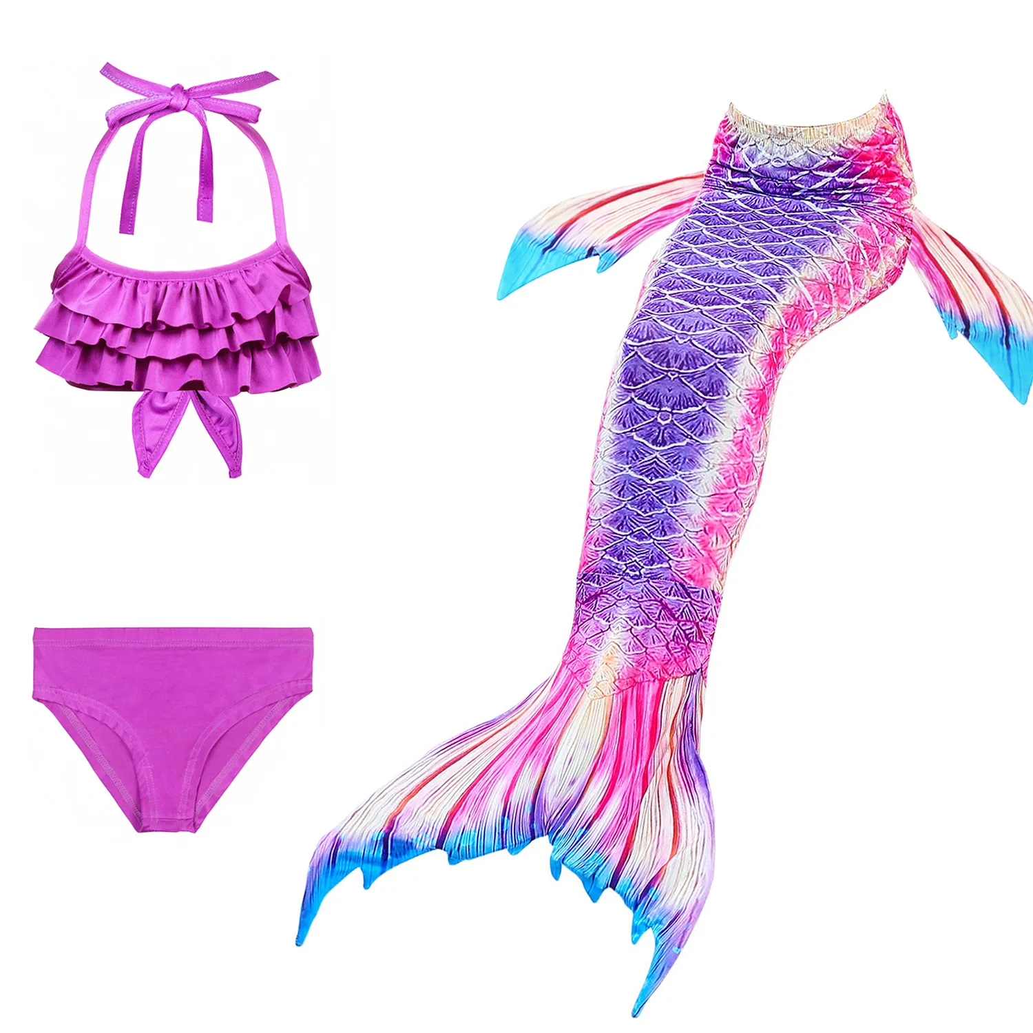 3PCS SET NO MONOFIN Модные детские купальники с хвостом русалки+ бикини для девочек от 4 до 12 лет, детская одежда для девочек, летние комплекты, костюм для девочек - Цвет: 3PCS SET NO MONOFIN
