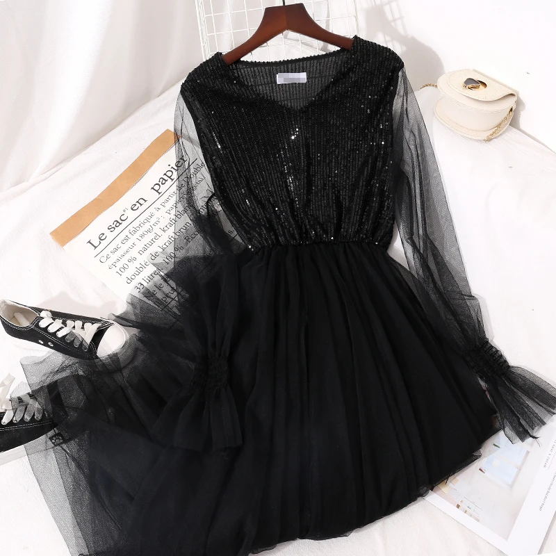 Korobov 2020 Summer Party Night Dresses Women Sequined Mesh Patchwork Sweet Dress Elegant High Waist Vestidos | Женская одежда