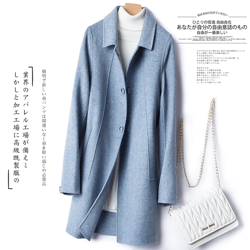 Smpevrg woolen coat women long style double-sided fabric overcoat turn-down collar long sleeve women coat jacket topcoat outwear