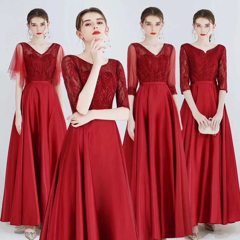 Bridesmaids Dresses Illusion Sequined Floor-Length Luxury Embroidery V-Neck A-Line Tulle Burgundy Women Wedding Party Gown E161 Bridesmaids Dresses Illusion Sequined Floor-Length Luxury Embroidery V-Neck A-Line Tulle Burgundy Women Wedding Party Gown E161