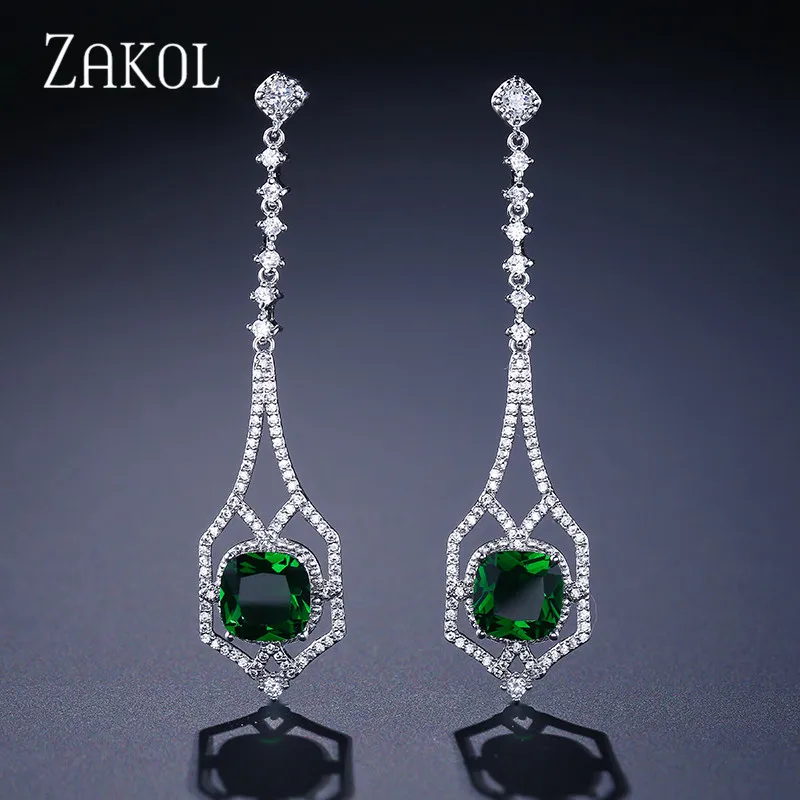 Green ZAKOL Роскошные циркониевые женские длинные висячие серьги модные серьги в форме люстры для женщин ювелирные изделия FSEP2053 - Окраска металла: Green