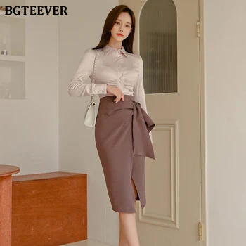

BGTEEVER Office Wear 2 Pieces Set Turn-down Collar Blouses & Lace Up Side Split Pencil Skirt Suits Female 2019 Elegant Women Set