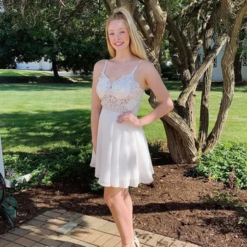 

Romantic Spaghetti Straps Lace Appliques Tulle Tops Prom Dress Chiffon A Line Dresses for Cocktail Homecoming Wedding Party