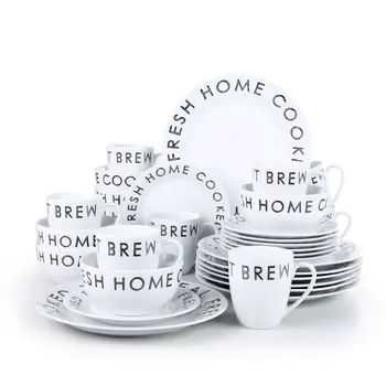 

VEWEET JUNO 32-Piece Porcelain Dinnerware Tableware Plate Set with Dinner Plate,Dessert Plate,Cereal Bowl and 380ML Mug Set