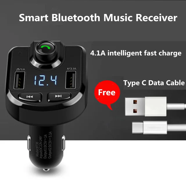 3.1A громкой связи Bluetooth автомобильный комплект двойной USB телефон быстрое зарядное устройство fm-передатчик стерео аудио MP3 музыкальный приемник Bluetooth адаптер TF - Цвет: With Type C cable