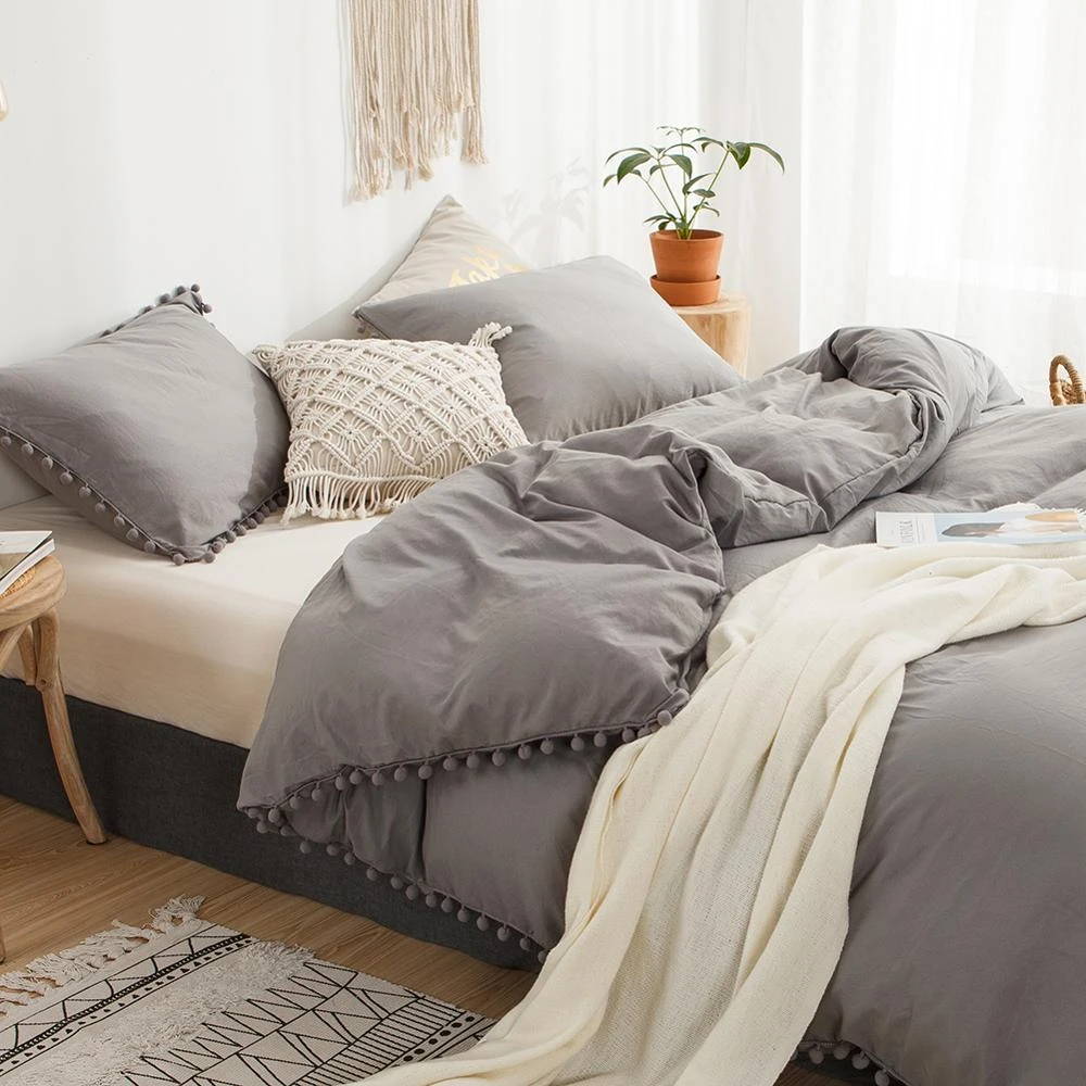 Light Bedding Pom Pom Duvet Cover Set Ball Fringe Home Textile Solid Color Bedding Sets Microfiber Comforter Cover|Bedding Sets| AliExpress
