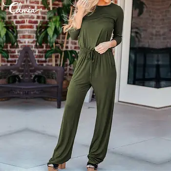 

2020 Celmia Autumn Long Sleeve Jumpsuits Women Casual Rompers Solid Long Sleeve Elastic Waist Playsuits Plus Size Overalls Pants