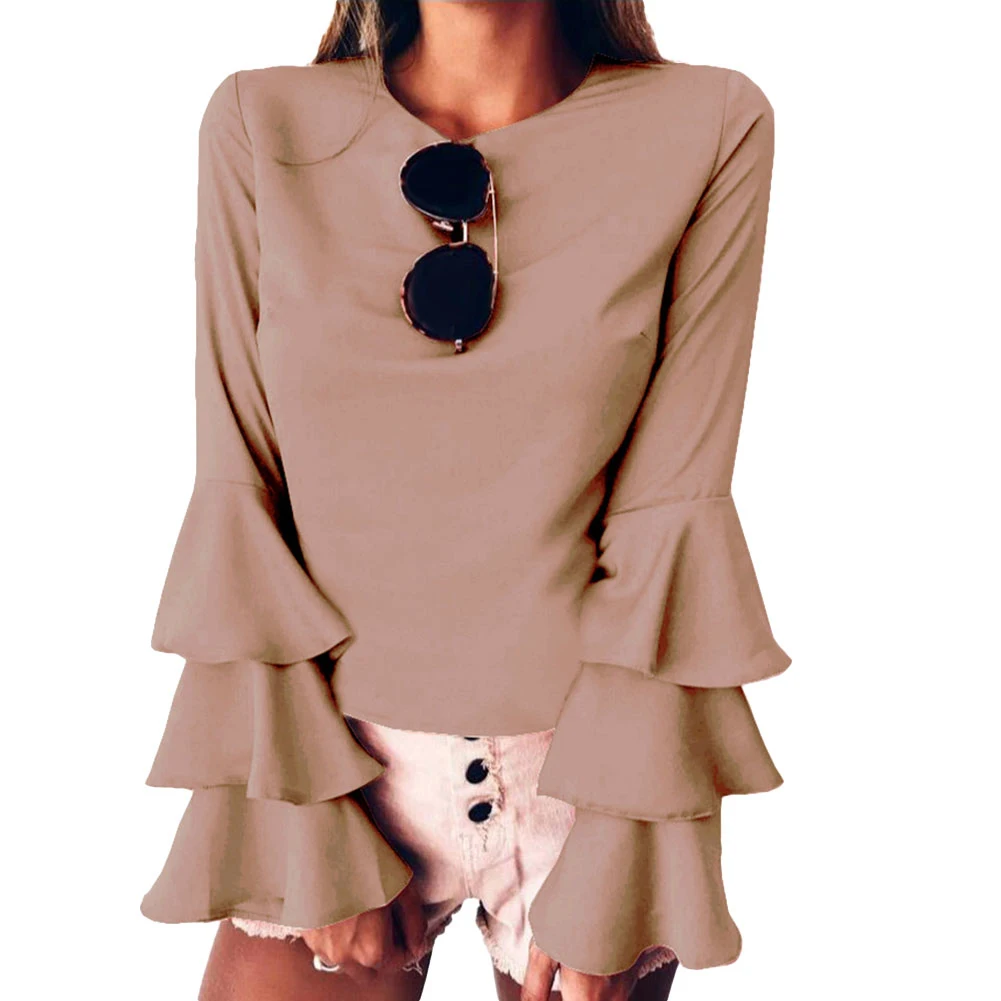 Модная Осенняя женская блузка размера плюс, одноцветная шифоновая блузка с оборками и длинным рукавом и круглым вырезом, Топ для женщин, верхняя одежда