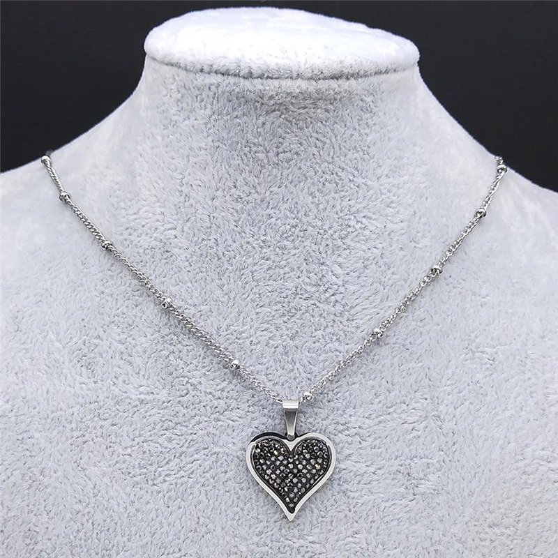 Heart Black Crystal Stainless Steel Pendant Necklace Women Silver Color - Image 5