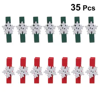 

35 Pcs Christmas Snowflake Shaped Clips Wooden Home Paper Clip Cartoon Photo DIY Clip Snack Pegs Xmas Accessory (Green and Red)