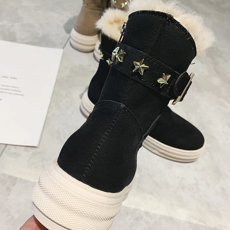 Fashion Mid-Calf Boots Women Winter Keep Warm Plus Velvet Short Boots Ladies Waterproof Women Shoes Belt Buckle Decoration