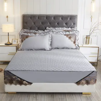 

Solid European Lace Quilted Cotton Mattress Cover Soft King Full Queen Fitted Sheet Mattress Protection with Pillow Shams 3 pcs