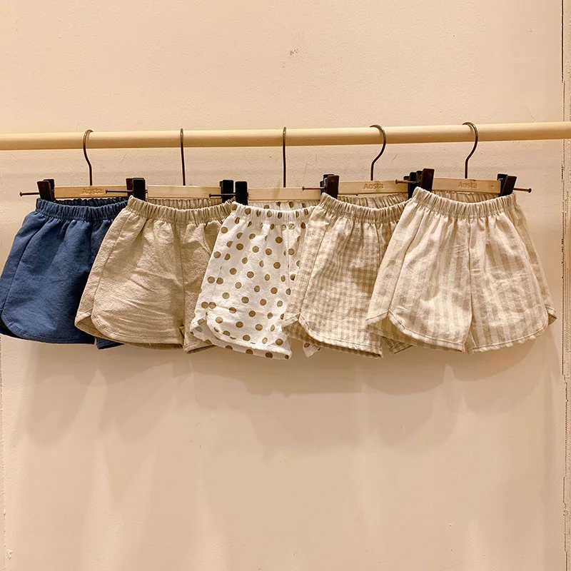 100% Cotton Kids Shorts Summer Korean Style Thin Boys And Girls Baby Casual Dot Plaid Short Pants Children's Clothing WTP36