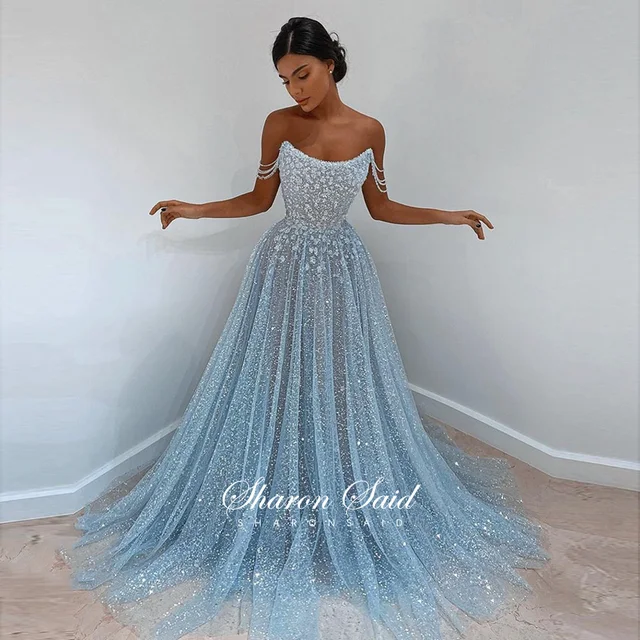 Glitter Sequins Baby Blue Prom Evening 