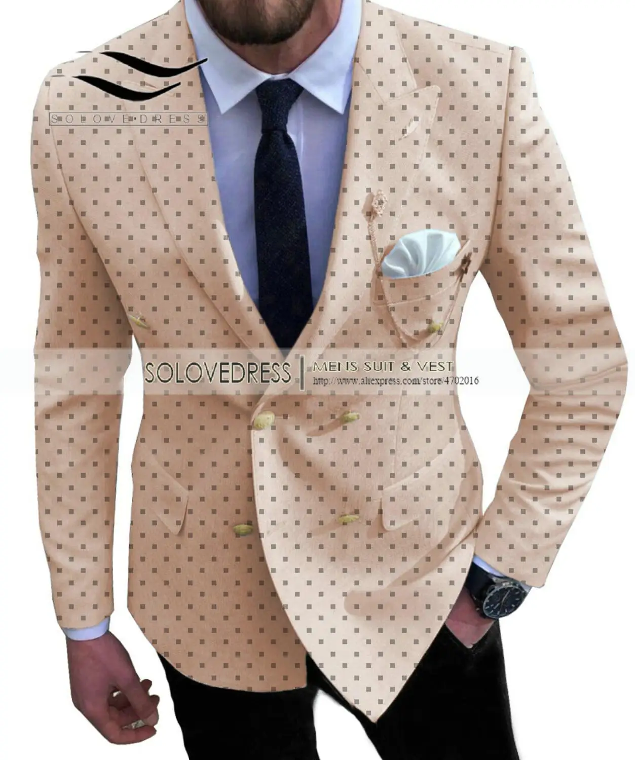 Men's Dot Suits Slim Fit Prom Notch Lapel Tuxedos 2 Piece Double Breasted Patterned Jacket for Wedding Groomsmen (Blazer+Pants)