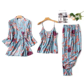 

Sexy Kimono Bath Gown Women Cotton Satin Robe 3PCS Sleepwer Casual Intimate Lingerie Nightgown Print Flower Nightdress Pajamas