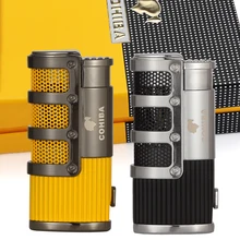 Зажигалка COHIBA металлическая карманная Бутановая Зажигалка для Сигар Зажигалка газовая ветрозащитная 3 струйная модная Зажигалка для Аксессуары для сигар W/Подарочная коробка