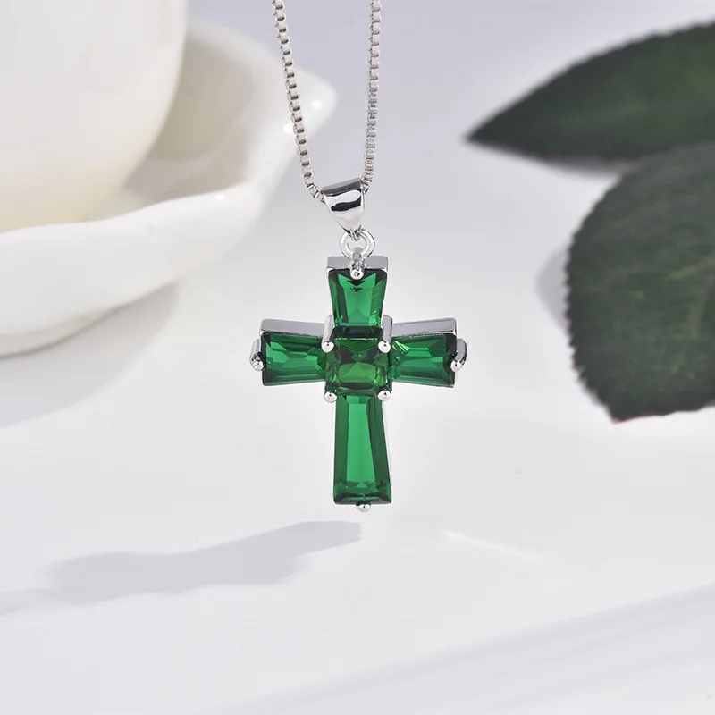 Luxury Silver Color Irregular Zircon Cross Emerald Pendant Necklaces For Women /Girls Fashion Charm Party Choker Jewelry Gift 6