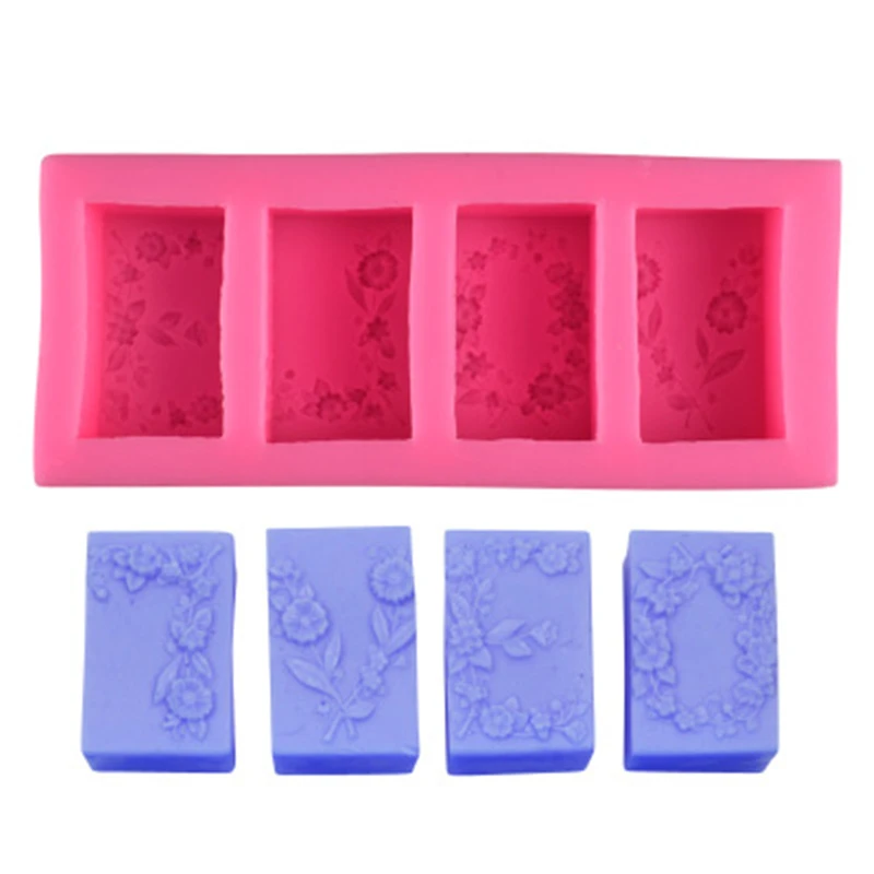 

4 Cavity Rectangular Flower Vines Silicone Soap Mold DIY Handmade Candle Mould 3D Cake Decoration Cookie Chocolate Soap Mould