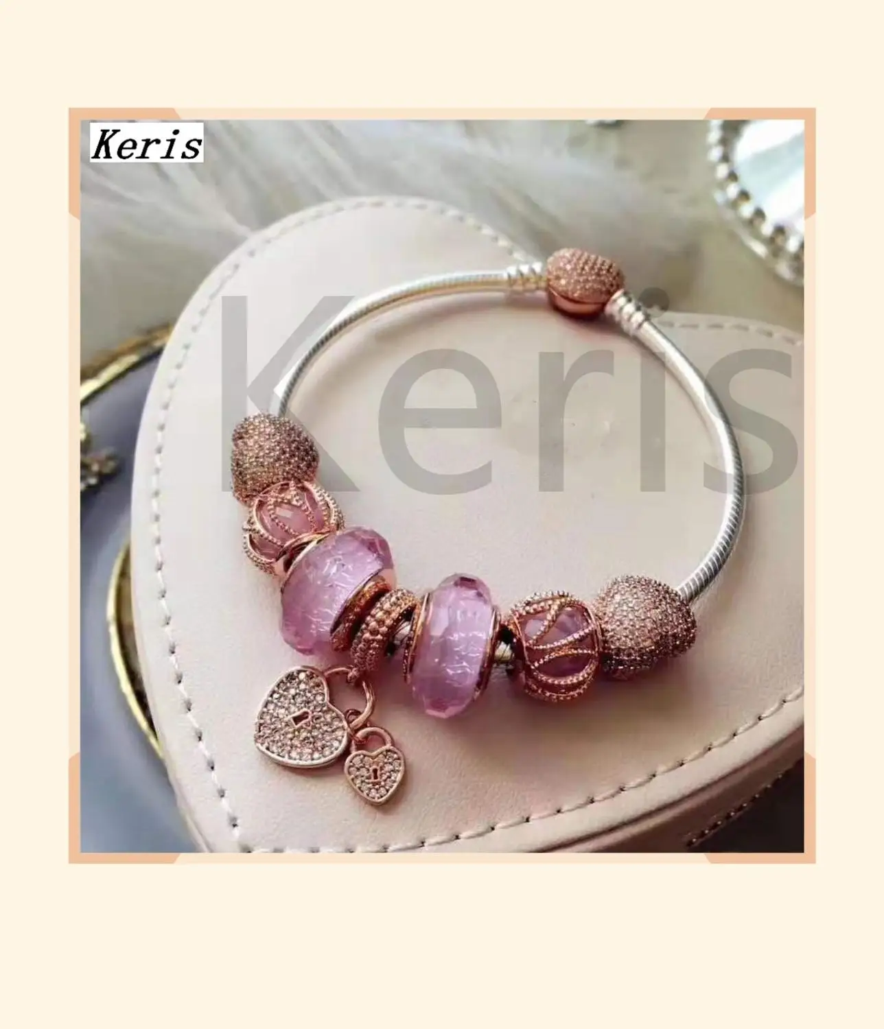 

High Quality Original 1:1 100% Silver Rose Gold Heart Print Pendant Glass String Bracelet Free Delivery