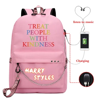 

TREAT PEOPLE WITH KINDNESS Women Backpack Bookbag Mochila Harry Styles Usb Charge School Bags Laptop Bagpack Men Pink Backpacks