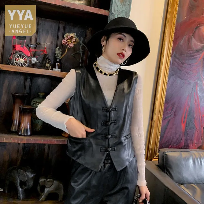 Office Ladies Vintage Genuine Leather Vest Autumn Women V-Neck